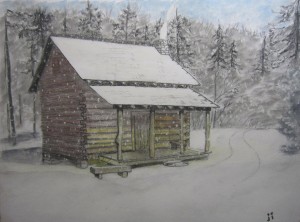 The Jacksons' cabin in the snow