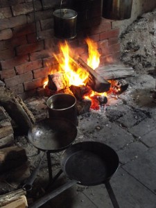 Fire, frying pan, and pots