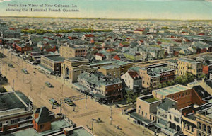 Bird’s eye view of New Orleans LA showing the historical French Quarters
